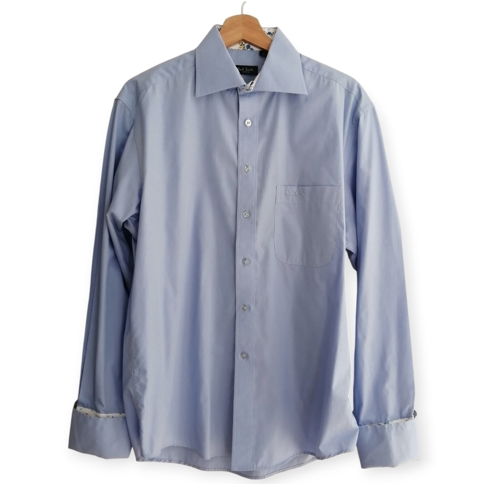 Paul Smith Men's Dress Shirt Blue with Floral Lined French Cuffs 16 Neck 32/33